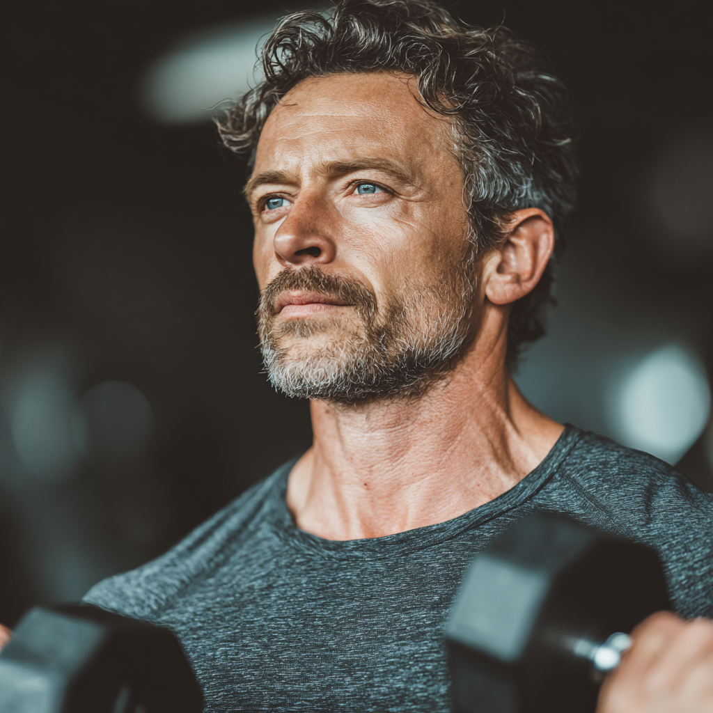Active mature man in his late 40s performing resistance training with dumbbells in a well-equipped gym, demonstrating proper form with focused concentration