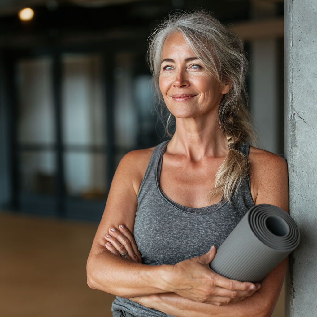 Confident mature woman in her 50s wearing athletic wear, smiling while holding a yoga mat in a modern fitness studio with natural lighting